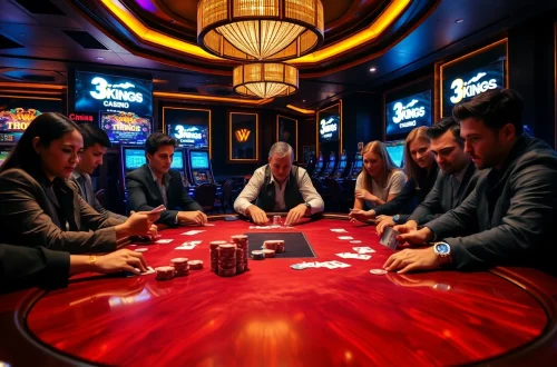 Experience a thrilling poker game at 3king.ws, featuring intense players, chips, and vibrant casino lights.